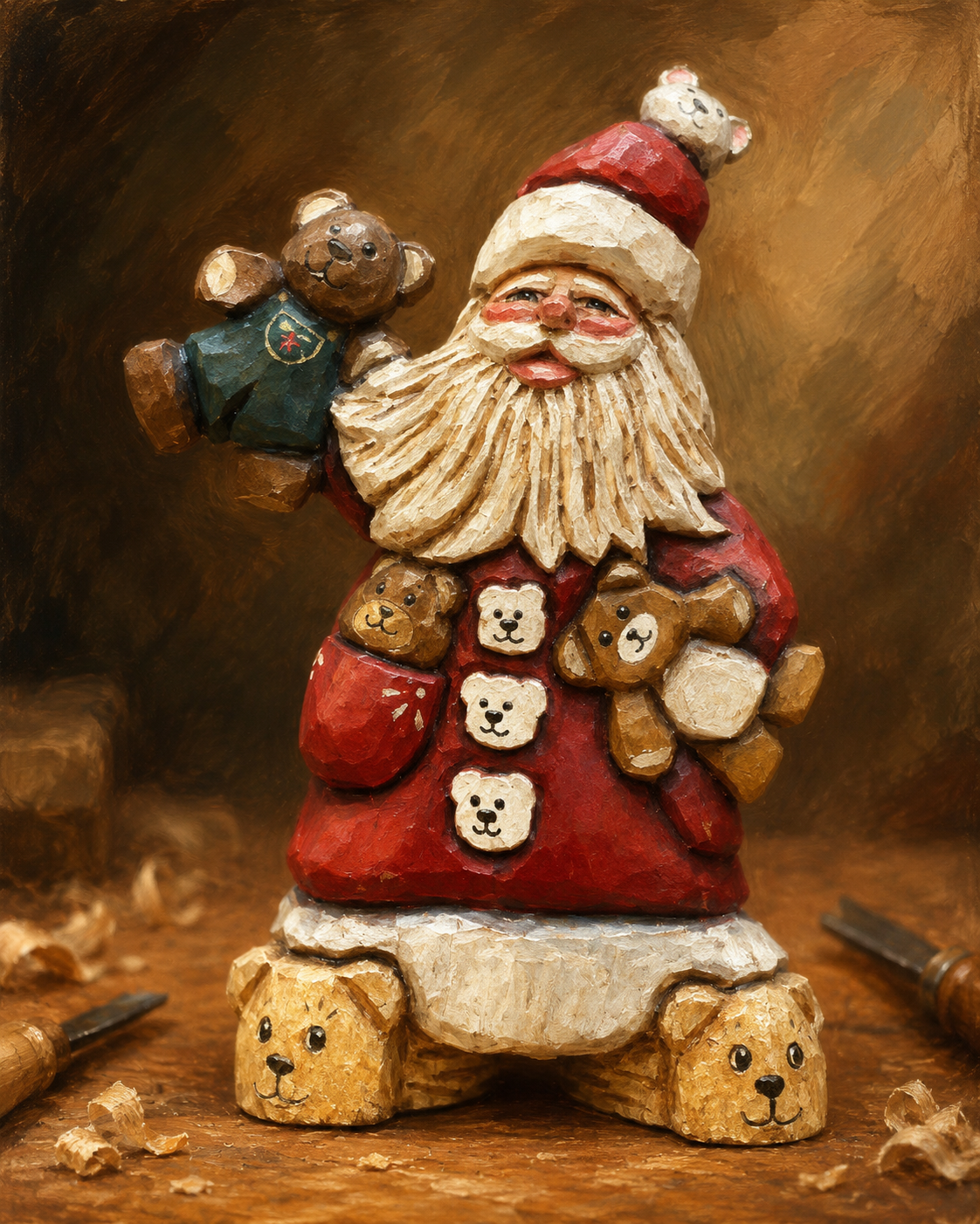 Hand-carved Santa with teddy bears figurine