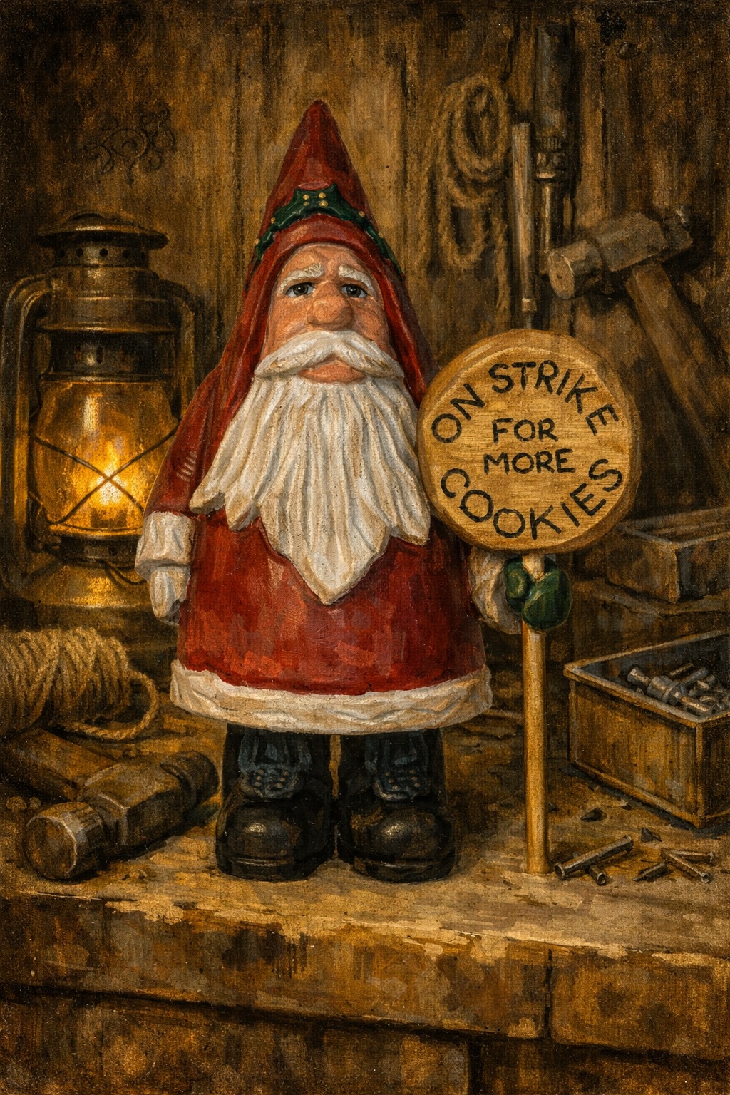 Humorous Santa on strike for more cookies carving