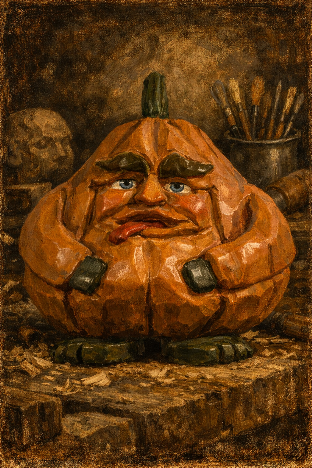 Hand-carved Halloween pumpkin face figurine