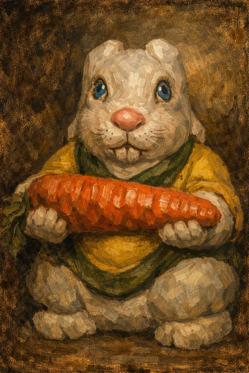 Hand-carved bunny holding a carrot figurine