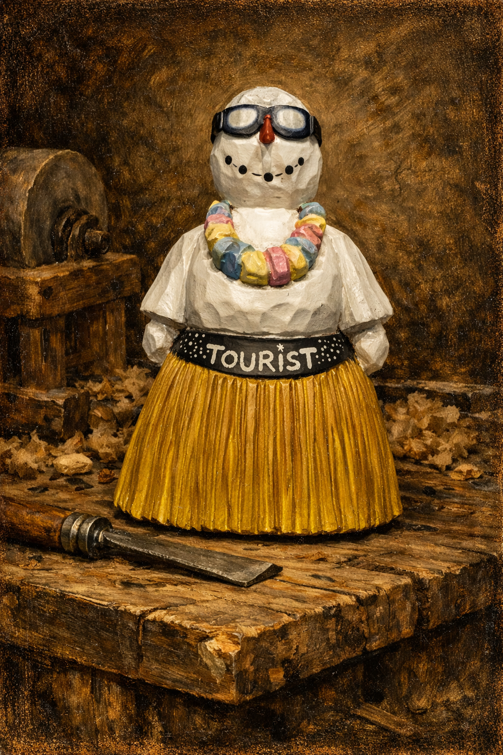 Humorous tourist snowman wood carving